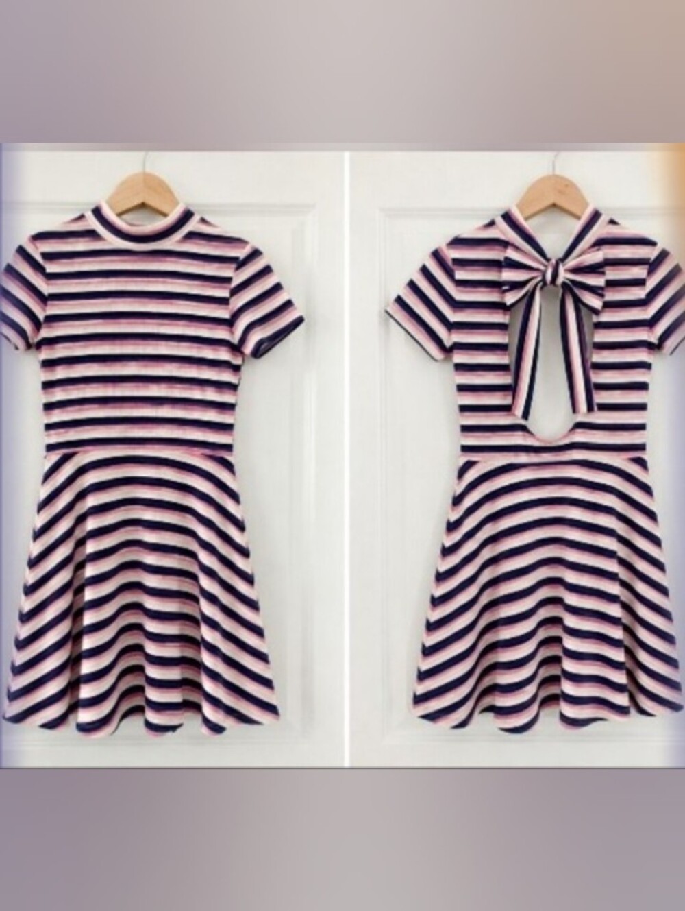 Bloom In The City Striped Mock Neck Skater Dress Open Cutout Back Bow Y2K Retro